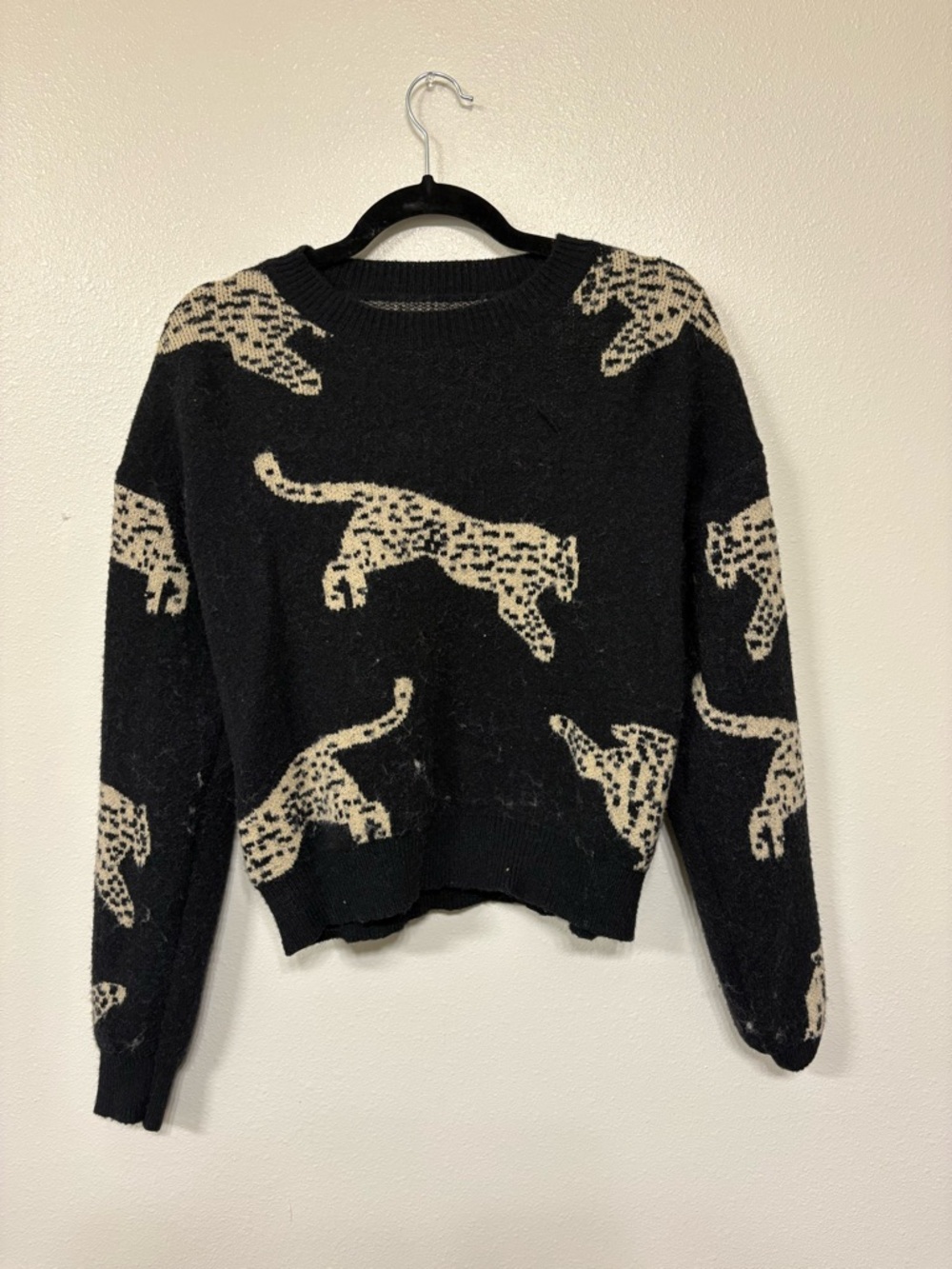 Black and Cream Leopard Pattern Crewneck Sweater - Women